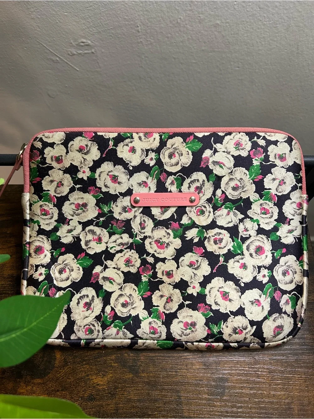 Juicy Couture Black Floral iPad Case Pouch with Pink Trim